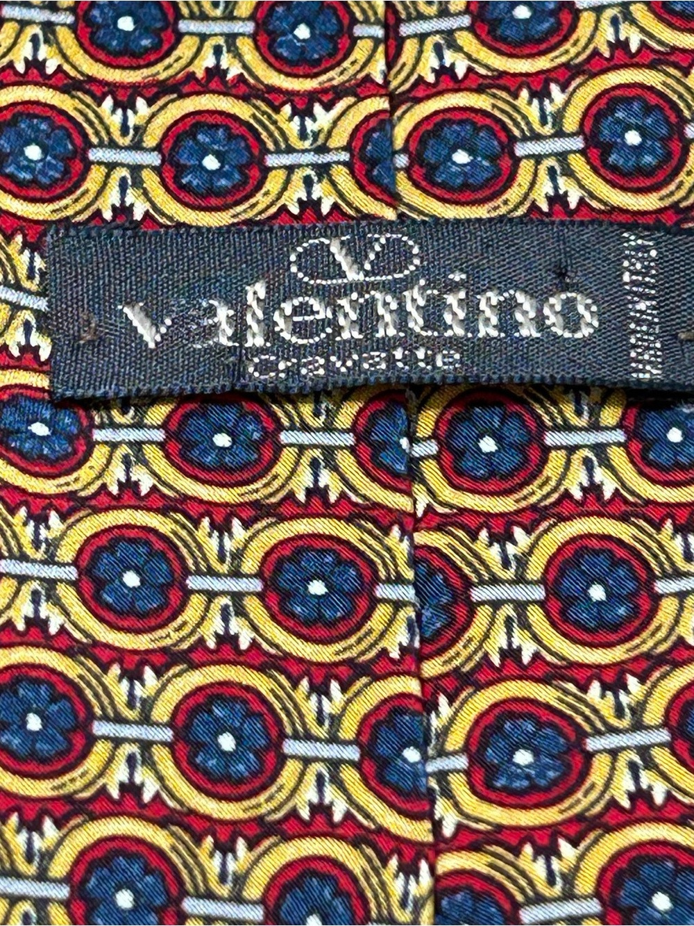 Valentino Cravette Men’s 100% Silk Tie Yellow Blue Geometric Print Formal Italy